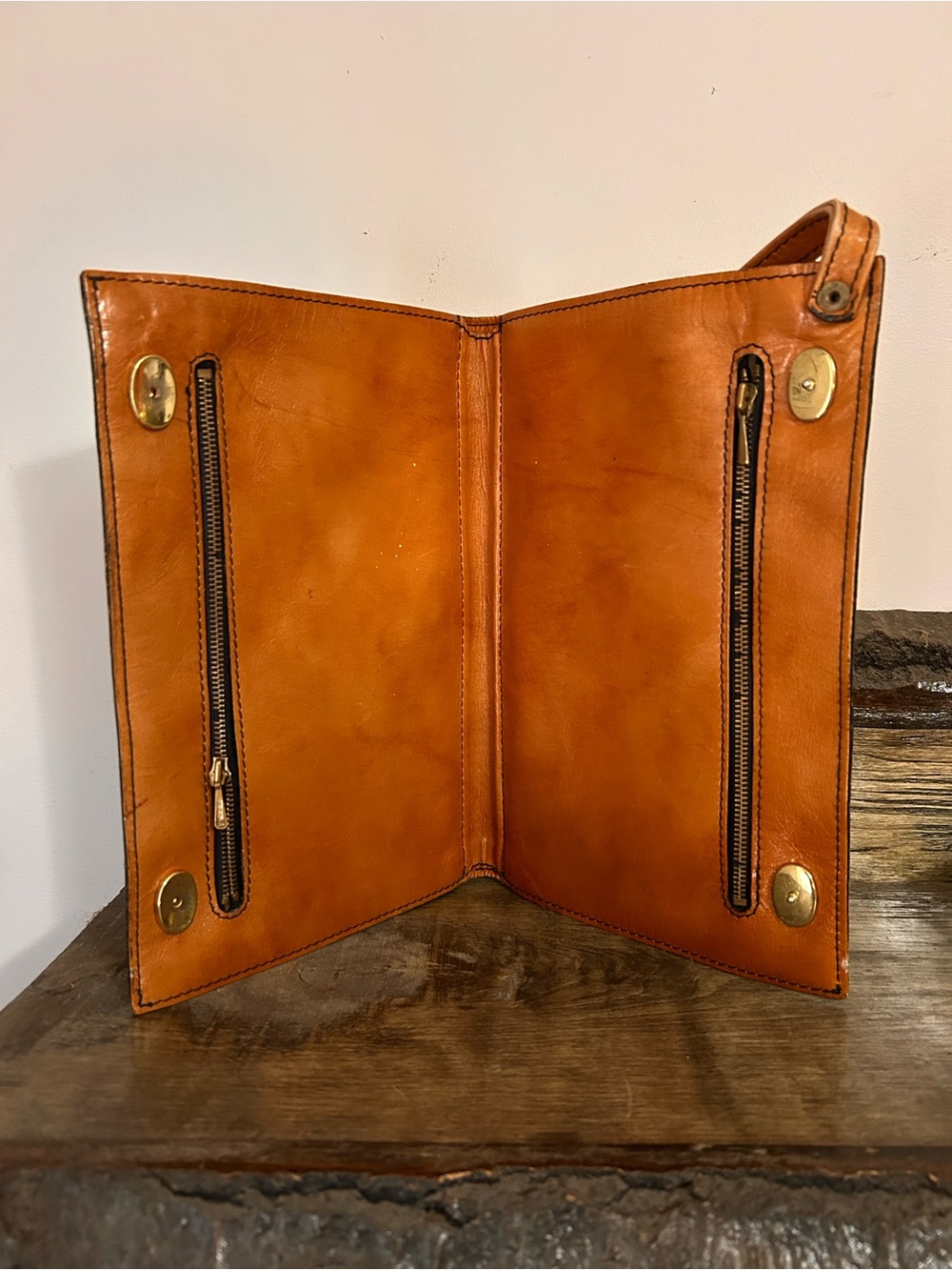 “Vintage Distressed Leather Clutch Wristlet Cognac Brown”